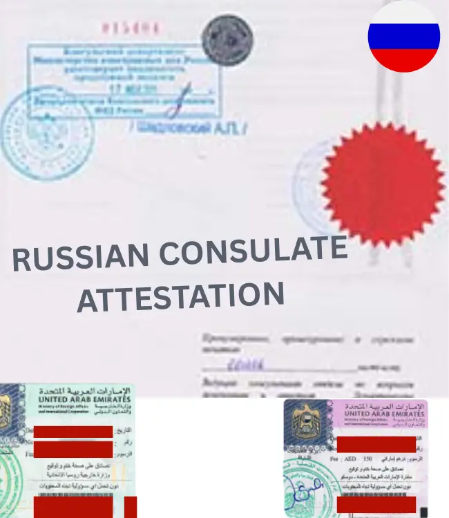 Russian consulate attestation stamp on official document with UAE Ministry of Foreign Affairs legalization marks for use in Dubai.